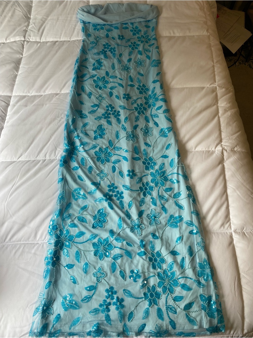 Peppermayo Light Blue Strapless Floral Sequin Dress